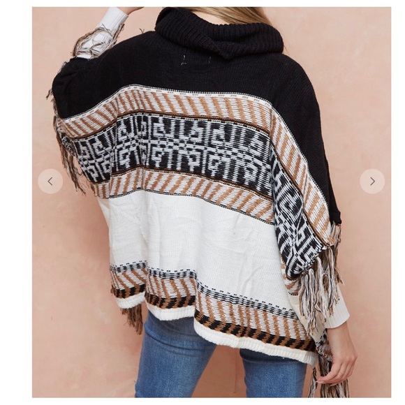 Cowl Neck Sweater Black/Camel/Ivory Isle Poncho with Fringes - Picture 2 of 5